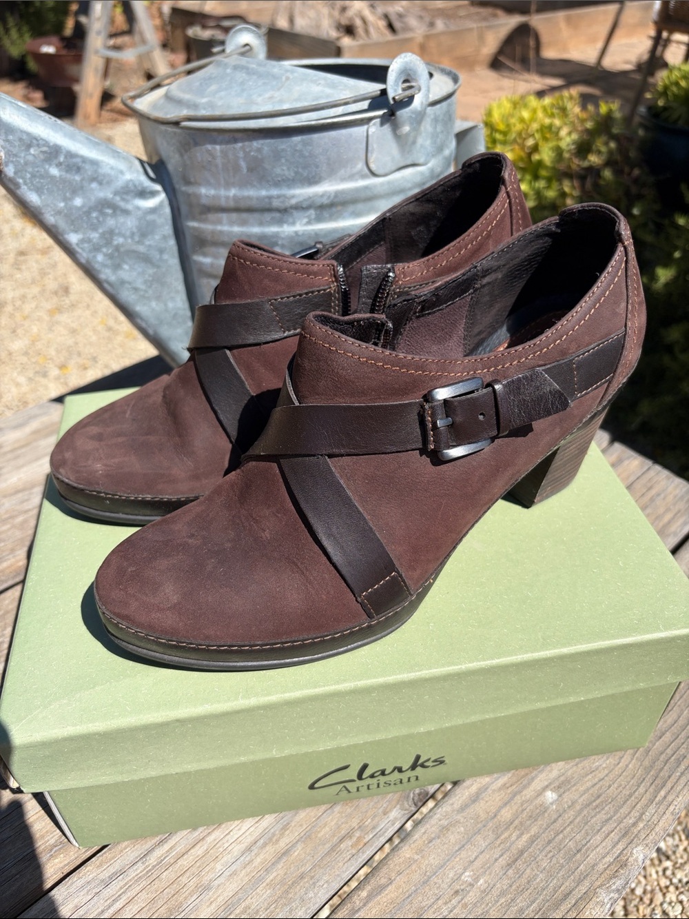 Clarks Dark Brown Suede Heeled Ankle Boots with Buckle Strap